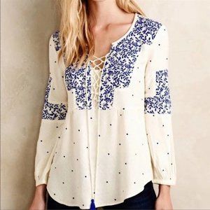Anthropologie Vanessa Virginia Cream Blue Embroidered Peasant Blouse